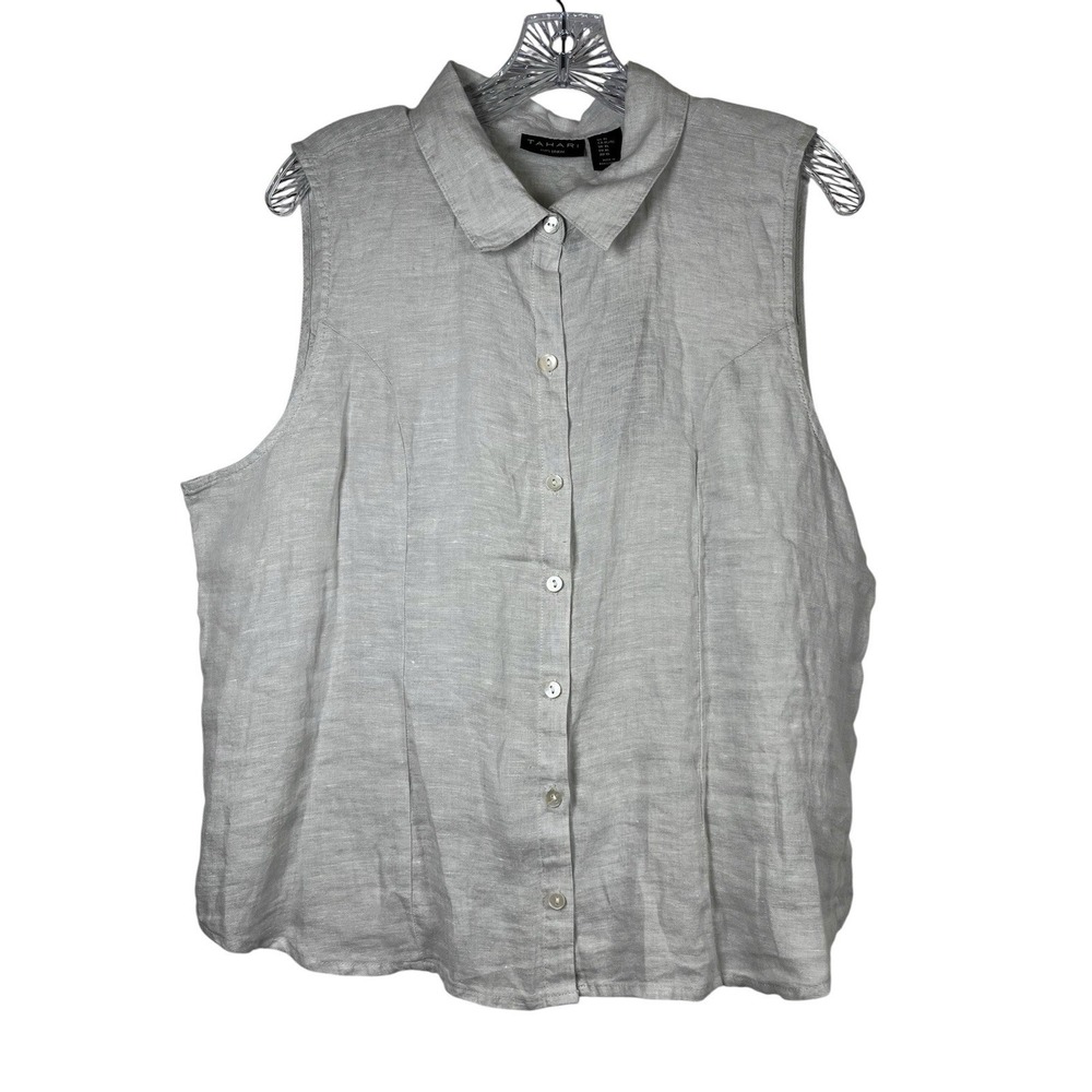 NWT TAHARI Sz XL Top 100% Linen Gray Button Up Shirt Blouse Minimalist Lagenlook